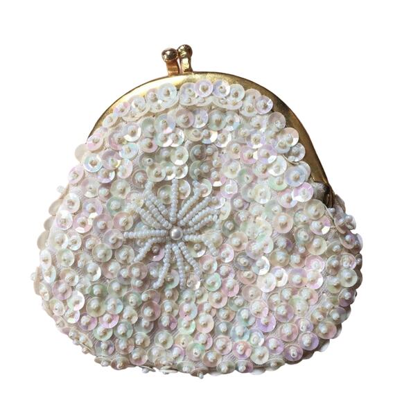 Vintage 1950s A/B sequin coin purse beaded flower - Picture 1 of 3